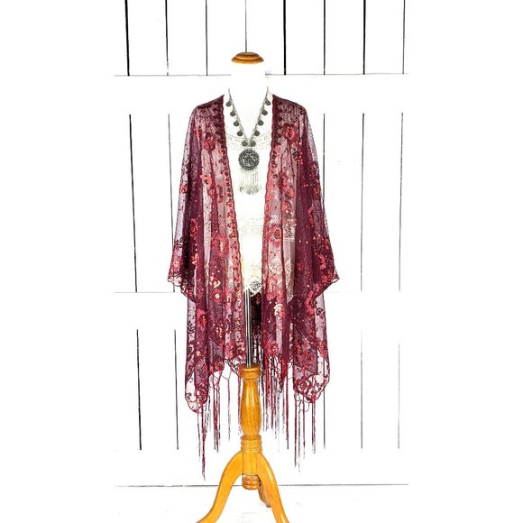 Red sheer net sequin floral kimono cover up fringe  jacket - Picture 1 of 5